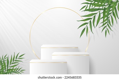 Multi-layered white podium with elegant gold lines and green leaves on the back for product presentation. Cosmetic product display. vector illustration	