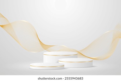Multi-layered white podium with elegant gold wave lines on the back for product presentation. Display of cosmetic products. Stage or podium. vector illustration	