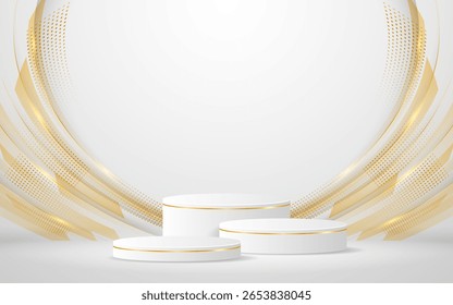 Podio blanco de múltiples capas con elegantes líneas doradas para los mejores premios o exhibición de productos. escenario o podio. Ilustración vectorial	