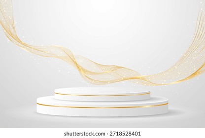 Pódio branco multi-camadas com elegantes linhas de onda de ouro no verso para apresentação do produto. Exposição de produtos cosméticos. Palco ou pódio. ilustração vetorial