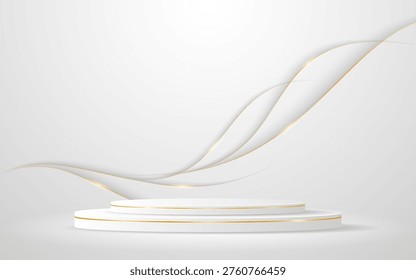 Multi-layered white podium with elegant gold wave lines on the back for product presentation. Display of cosmetic products. Stage or podium. vector illustration