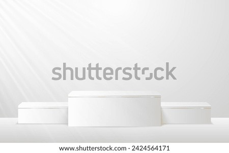 Multi-layered white podium with elegant gold lines for product presentation. Display of cosmetic products. Stage or podium. vector illustration	