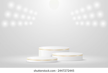 Multi-layered white podium with gold lines and spotlights shining down for product presentation. Display of cosmetic products. Stage or podium. vector illustration