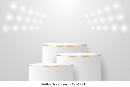 Multi-layered white podium with gold lines and spotlights shining down for product presentation. Display of cosmetic products. Stage or podium. vector illustration