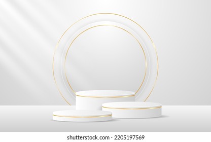 Multi-layered white podium has a round shape and gold lines on the back for product presentation. cosmetic product display vector illustration
