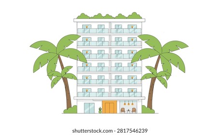 Multilevel apartment complex with balconies and light facade flanked by tropical palm trees.