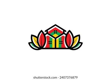 multi-level colored line house vector logo with plants around