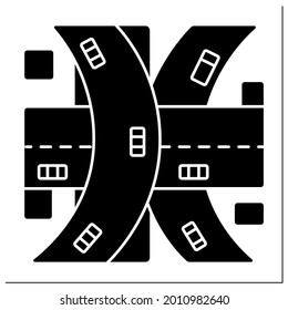 Multi-level junction glyph icon.Road junction to let traffic pass through junction without interruption from crossing traffic streams.Filled flat sign. Isolated silhouette vector illustration
