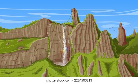 Multilevel landscape of mountains in the jungle. Panoramic view of rocks with waterfall, wildlife scene. Artistic drawing, vector illustration.