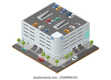 Multi-level parking building illustration in isometric style. Showcases various floors of organized parking with cars and urban surroundings