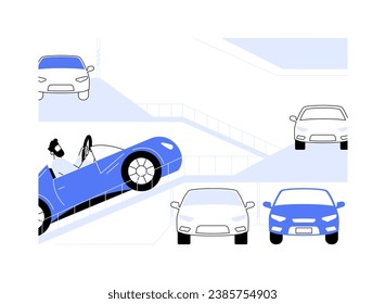 Multilevel parking garage abstract concept vector illustration. Person driving a car in multilevel parking garage, personal transport, circular underground building abstract metaphor.