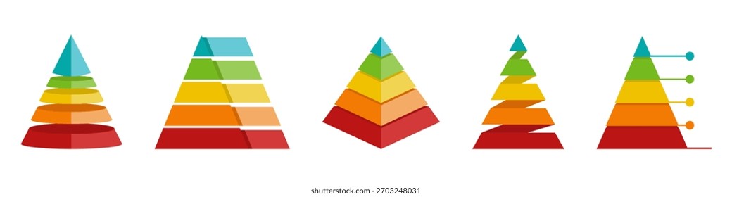 Multilevel pyramid shapes with bright layered segments in warm and cool tones. Each form shows a structured step arrangement for clear visual hierarchy