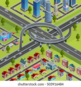 Multilevel roads interchange city infrastructure element connecting business and residential areas isometric constructor poster abstract vector illustration 