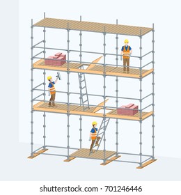 Multi-level scaffolding with workers on them. Vector illustration.