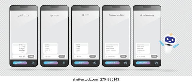 Interfaz de asistente de IA multilingüe en teléfono móvil con ventanas de chat en árabe hindi chino español e inglés. Diseño de medios de chatbot global para App e interfaz de usuario.