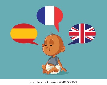 Multilingual Baby Vector Cartoon Illustration. Little adorable child learning to speak many languages from multicultural family members
