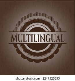 Multilingual badge with wooden background