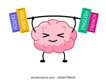 Multilingual brain character  lifting the barbell with books about different languages. 