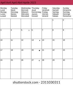 multilingual calendar of April 2023 in English French German Spanish Italian