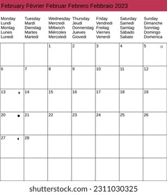 multilingual calendar of February 2023 in English French German Spanish Italian