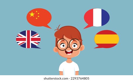 
Multilingual Child Speaking English, Chinese, French and Spanish Vector Cartoon. Polyglot student learning various foreign languages with fluency 
