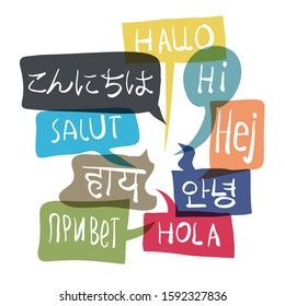 Multilingual colorful greetings in speech bubbles.