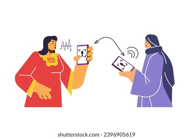 Comunicación multilingüe entre personas que usan la aplicación de traducción en smartphone. Aplicación de traductor multiidioma en línea. Diálogo entre ilustraciones vectoriales de personas extranjeras