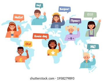 Multilingual Communication. International Friendship, World Map Multi Ethnic Children Tags, Kids Say Hello Different Languages And Waving Hands Smiling Happy Boys And Girls Vector Concept