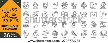 Multilingual communication language icons pack. Translation, global speech, international text, world languages, localization, interpreter, dictionary, and more vector symbols.