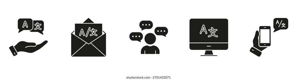 Conjunto de iconos de silueta de comunicación multilingüe. Incluye Asistencia de mensajes, correo electrónico, diálogo de chat, pantalla de computadora y Colección de símbolos sólidos de App móvil. Ilustración vectorial aislada.