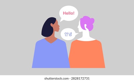 Multilingual communication. Two women greeting each other in English and Korean through speech bubbles. Simple vector illustration