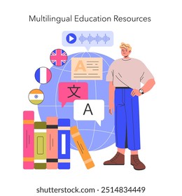 Concepto de Educación multilingüe. Acceso a diversas herramientas y recursos de aprendizaje de idiomas. Métodos interactivos con alcance global. Ilustración vectorial.