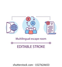 Multilingual escape room concept icon. Text translation idea thin line illustration. Different languages team game. International communication. Vector isolated outline drawing. Editable stroke