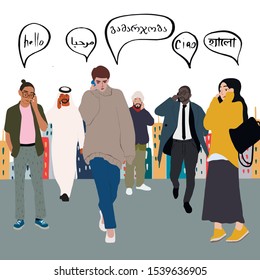 Multilingual flat vector illustration. Hello in different languages. Diverse cultures, international communication concept.