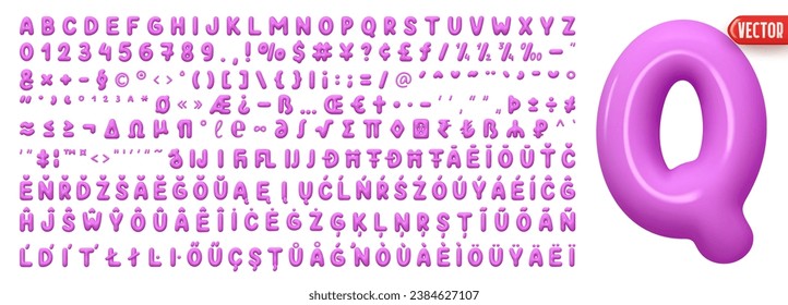 Multilingual font complete with all symbols and signs and numbers. Font realistic 3d design plastic cartoon style, lilac colors. Language support French, German. Vector illustration