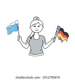 Traductora femenina multilingüe con banderas. Vector