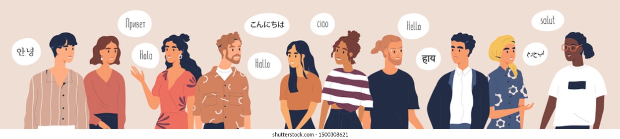 Многоязычная приветственная плоская векторная иллюстрация Привет на разных языках. Разнообразные культуры, концепция международного общения. Носители языка, дружелюбные персонажи мультфильмов мужчин и женщин.