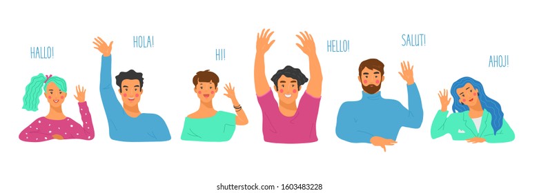 Multilingual greeting flat vector illustration. Hello in different languages. Diverse cultures, international communication concept. Native speakers, friendly men and women cartoon characters