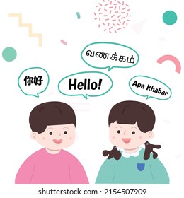 Multilingual greeting flat vector illustration. Hello in different languages in Malaysia. Diverse cultures. Native speakers, friendly boy and girl cartoon characters illustration