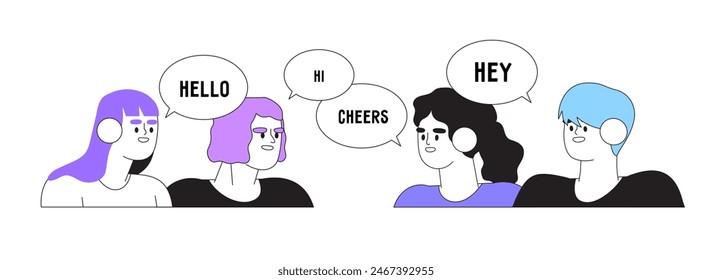 Multilingual greeting flat vector illustration concept. Friendly cartoon men and women saying hello in different languages. Native speakers of diverse cultures having international communication. 