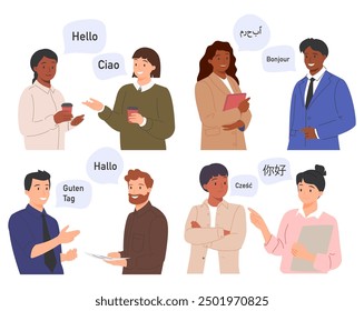 Multilingual greeting flat vector illustration. Hello in different languages. Diverse cultures, international communication concept. Native speakers, friendly men and women cartoon characters.