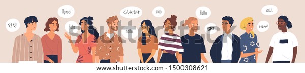 Multilingual greeting flat vector\
illustration. Hello in different languages. Diverse cultures,\
international communication concept. Native speakers, friendly men\
and women cartoon\
characters.