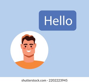 Multilingual greeting. Young native english man says hello in chat or application. International communication in different languages of world. Online dialogue. Cartoon flat vector illustration