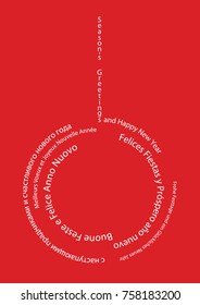 Multilingual season’s greetings - happy new year- Christmas ball made of texts - white on red background