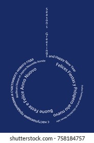 Multilingual season’s greetings - happy new year- Christmas ball made of texts - white on blue background