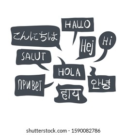 Multilingual greetings in speech bubbles.