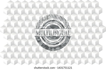 Multilingual grey emblem with cube white background