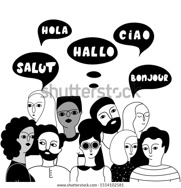 Multilingual group of people together\
vector illustration. Hello in English, French, Spanish, Italian\
languages in speech bubbles. Young multicultural male and female\
outline characters\
communication