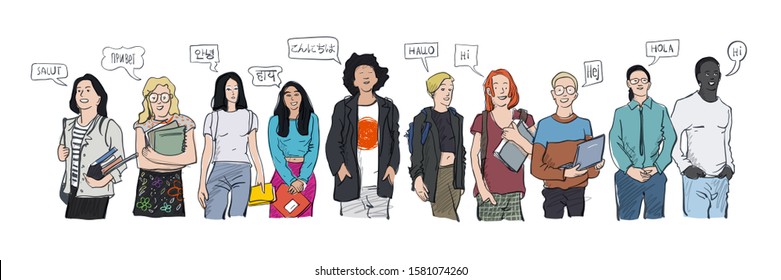 Multilingual Hello greeting vector illustration. Hello in languages and group of diverse people.  Diverse cultures, international communication concept. Friendly men and women saying Hi.