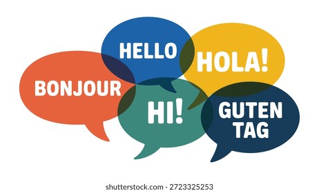 Ilustración multilingüe de la burbuja del discurso del saludo con los saludos en diversos idiomas aislados en el fondo blanco para la comunicación, la educación y el concepto global